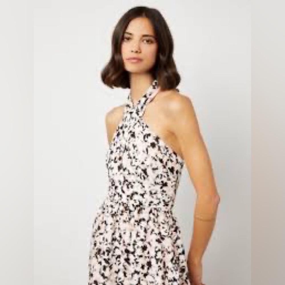 BCBGMaxAzria Linen Blend Pink Black Floral Crisscross Halter Dress - Picture 1 of 12
